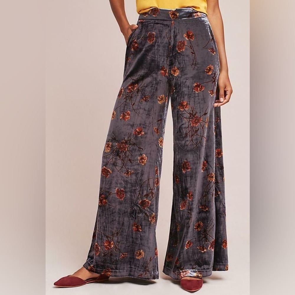 Anthropologie ett:twa Jessica Floral Velvet Wide Leg Pants Size M